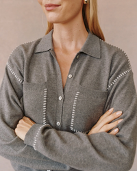 Whip Stitched Pocket Button Down Sweater - Heather Smoke
