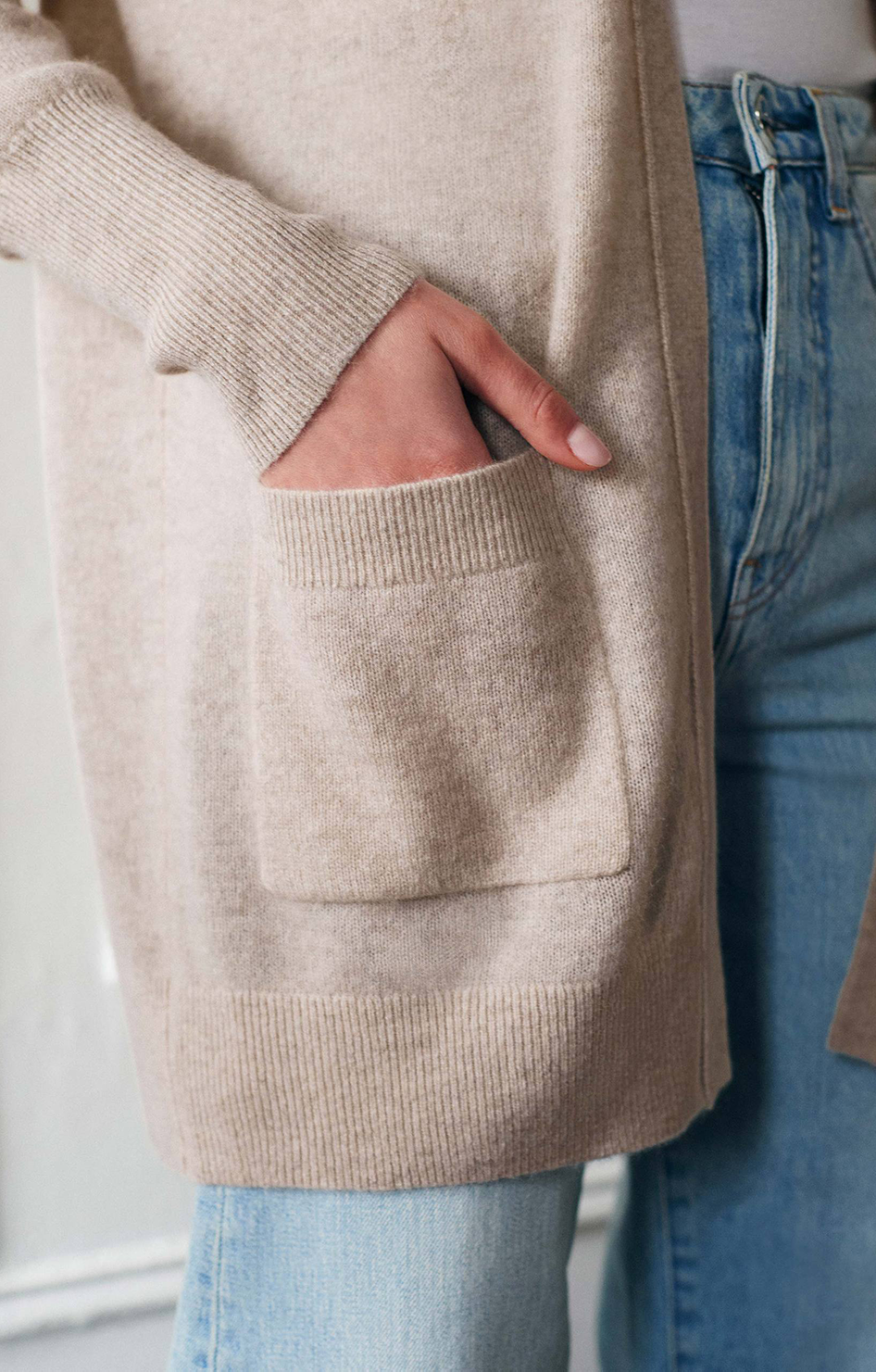 Cashmere Patch Pocket Open Cardigan - Wheat Heather