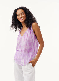 V Neck Smocked Top - Orchid Stripe Print