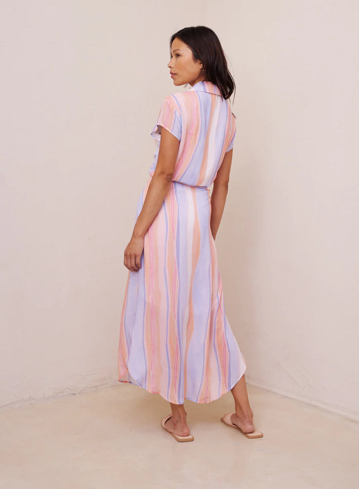 Capsleeve Tie Waist Shirt Dress - Paloma Stripes Print