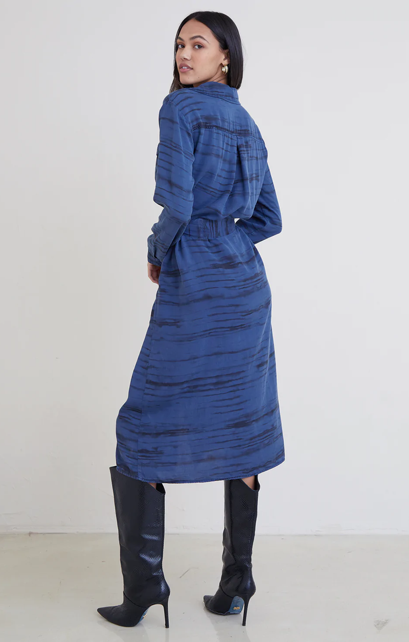 Patch Pocket Midi Shirt Dress - Dusty Indigo Stripe