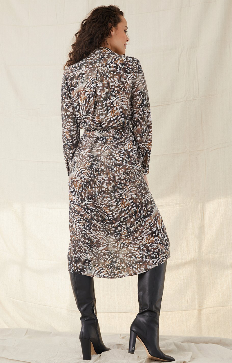 Belted Midi Shirt Dress - Brushed Feather Print
